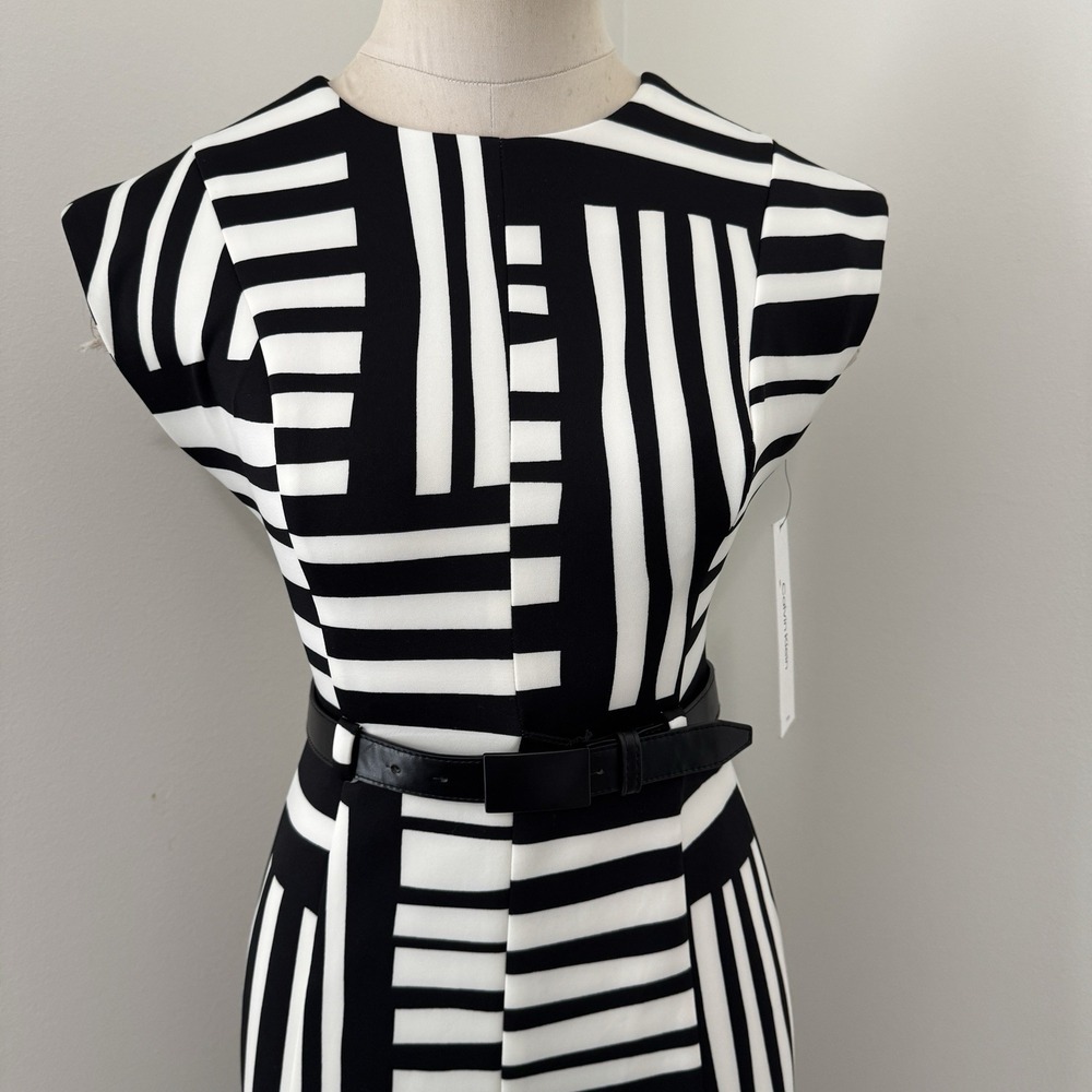 New CALVIN KLEIN 2 Petite Black White Cap Sleeve Scuba Sheath Midi Dress Belt - Picture 10 of 10